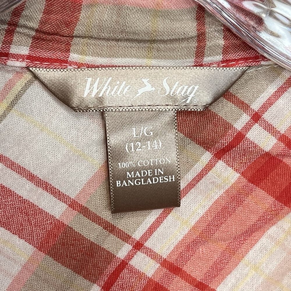 White Stag Womens Red Plaid Short Sleeve Button Down Cotton Shirt Size L 12-14 - Picture 5 of 6